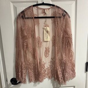 Sheer Lace Open-Front Kimono - Dusty Rose